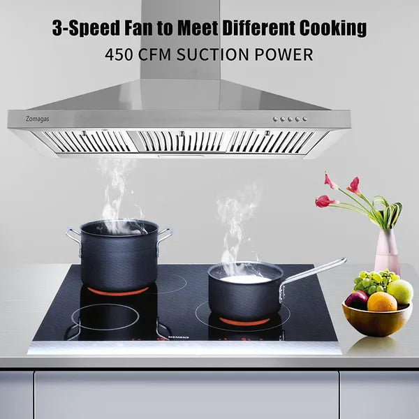 Range Hood 36 Inch;  Wall Mount Vent Hood In Stainless Steel With Ducted/Ductless Convertible Duct;  3 Speed Exhaust Fan;  Energy Saving LED Light;  Push Button Control;  3 Pcs Baffle Filters