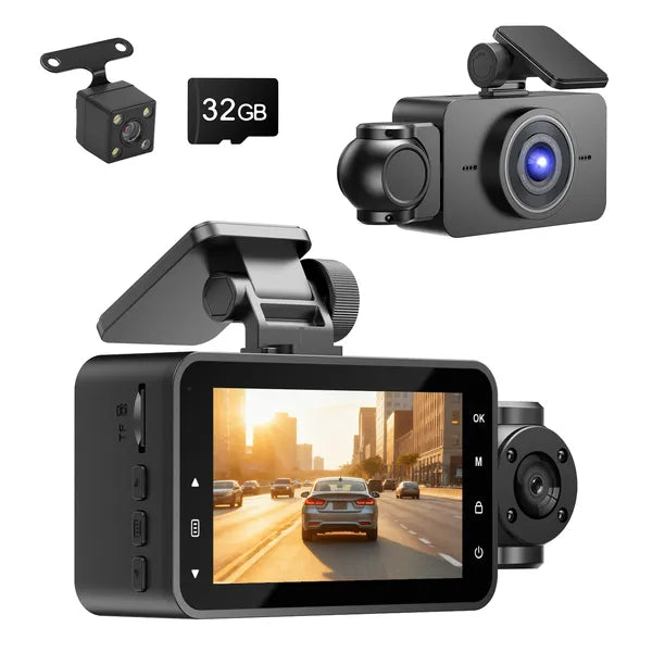 WiFi FHD 1080P 3 Channel Car Dash Cam Front Rear Inside With 32G MMC Card Motion Detection Loop Recording Infrared Night Vision Surveillance Car Camera With App Control
