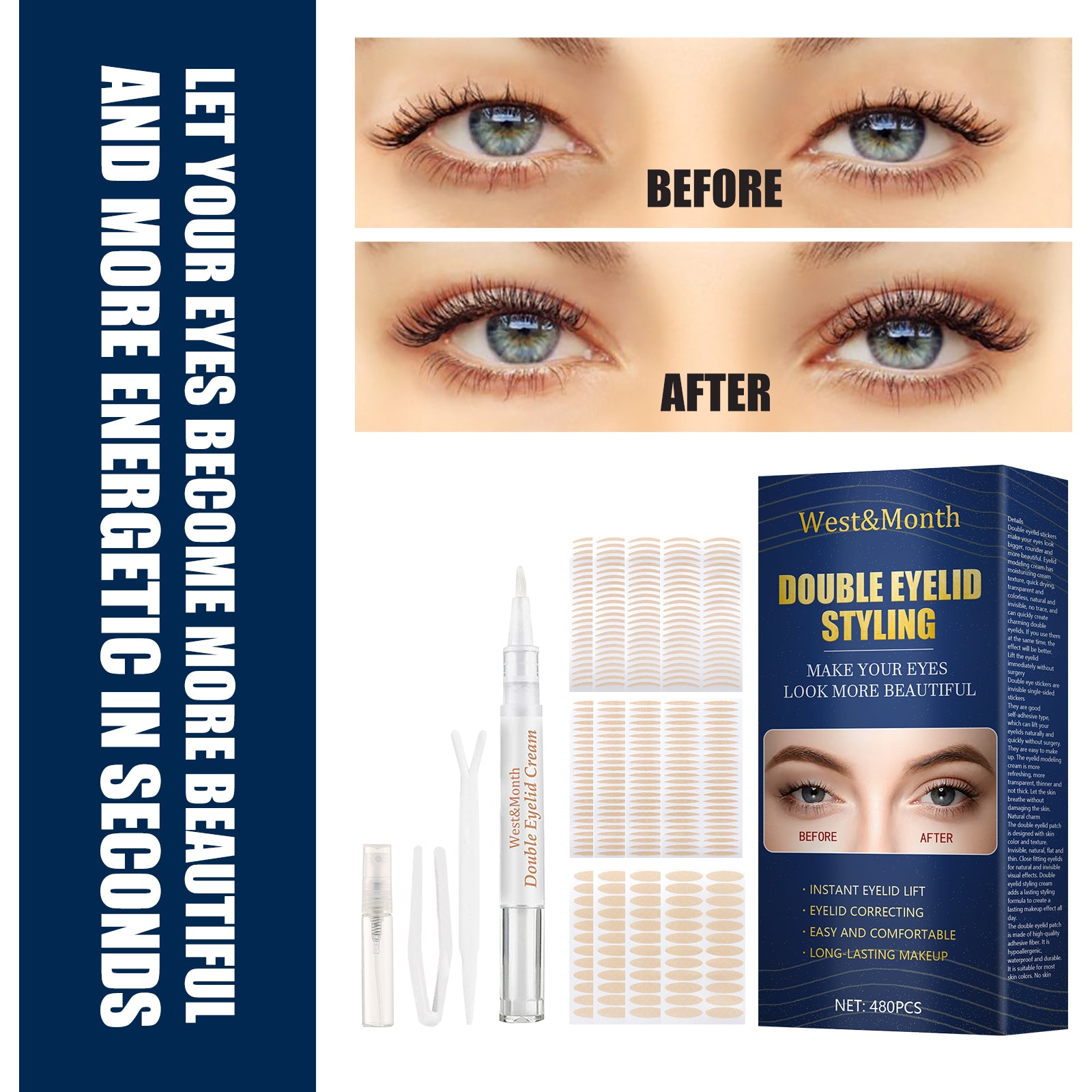 West&Month Double Eyelid Tape - Invisible, No - Glue, Natural Mesh Adhesive, Activates With Water, Beautiful Eyes, Olive Shaped Lace - 5 - CJ