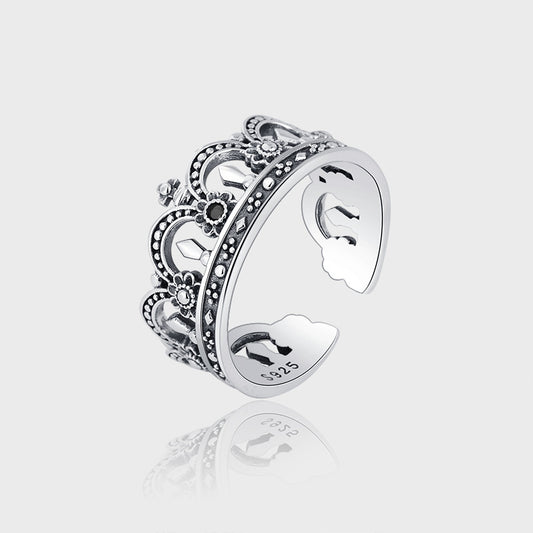 925 Sterling Silver Used Heavy Industry Crown Opening Ring Female Thai Silver Retro - 4 - https://x.com/titan_prim62775J