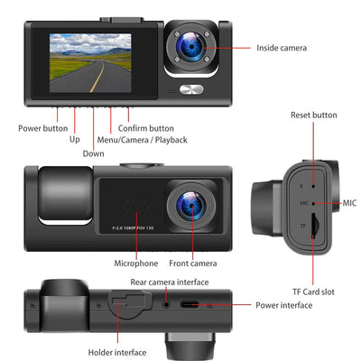 Car Dual Lens Dash Cam HD 1080P Front Rear Inside Video Recorder Camera G - Sensor - 5 - CJ