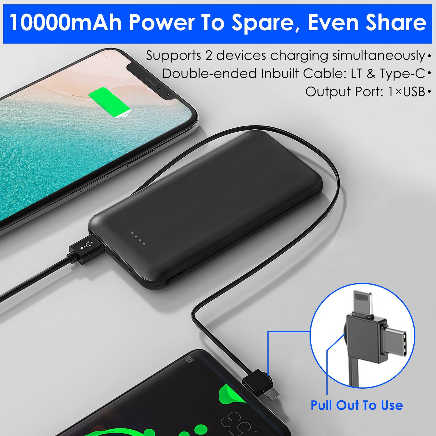1Pc 10000mAh Power Bank Portable Phone Charger External Battery Pack With LT And Type C Double Ended Cable Type C USB Cable Fit For IOSPhone 14 Android And More