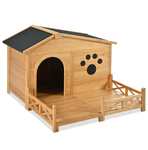 48 Wooden Dog House Outdoor With Porch, Dog Kennel With Water - Resistant Asphalt Roof And Fencing,Indoor & Outdoor Dog Crate With Paw Print, Medium, Nature - 5 - CJ