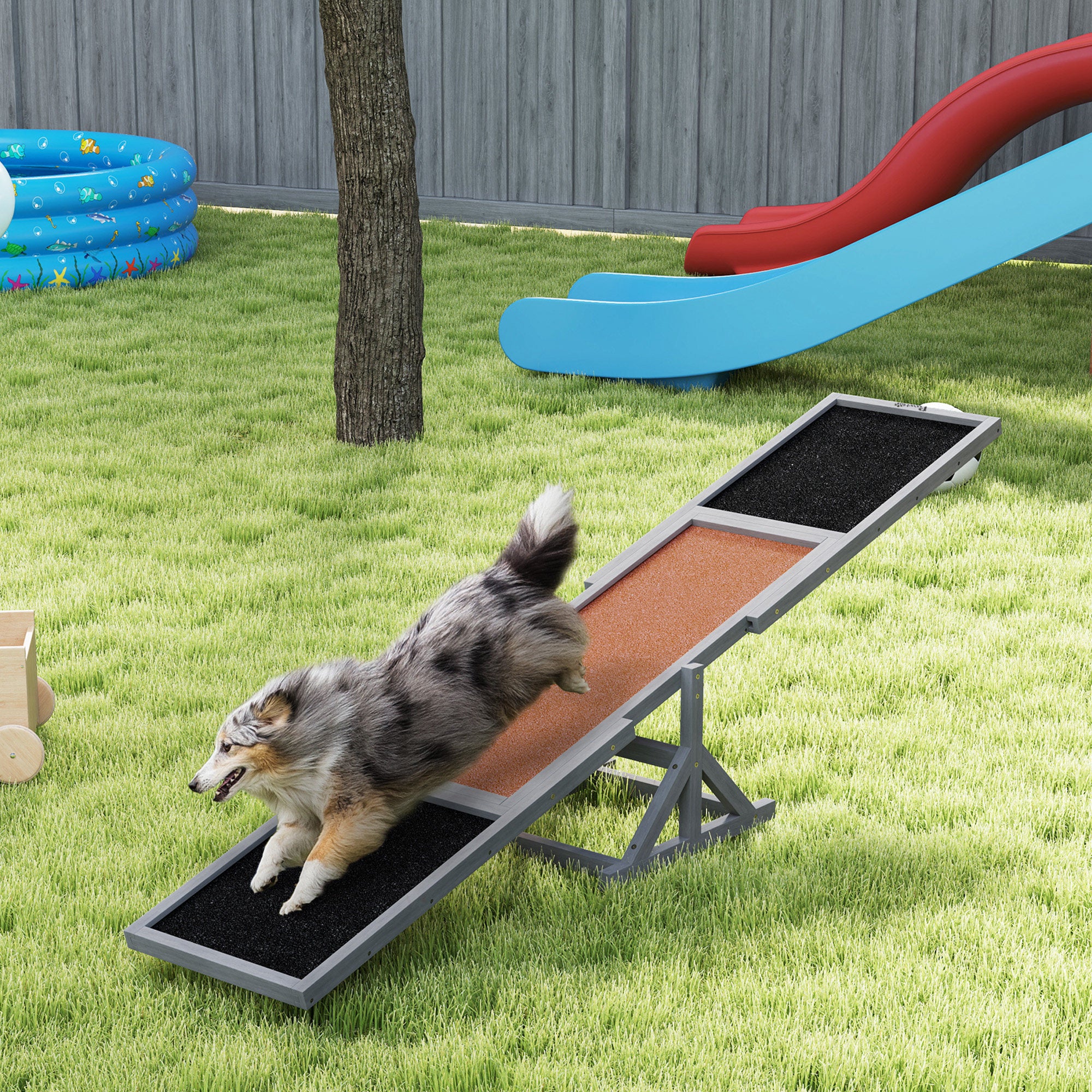 Wooden Dog Agility Seesaw For Training And Exercise, Weather Resistant, 83 L X 16 W X 14 H, Gray