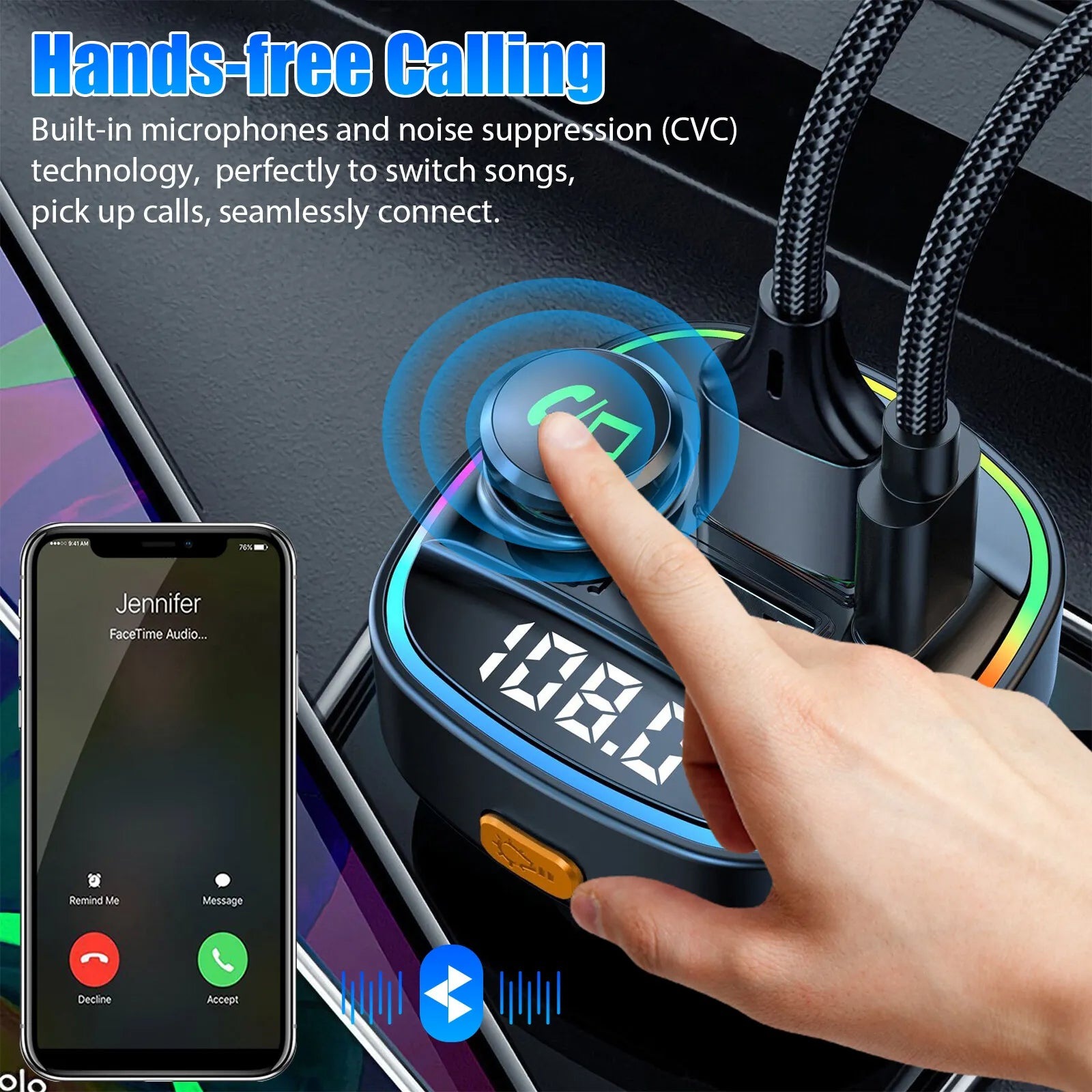 Bluetooth 5.0 Car Wireless FM Transmitter Adapter USB PD Charger AUX Hands - Free Noise Reduction Audio Receiver Car Kit Handsfree Dual - 5 - CJ