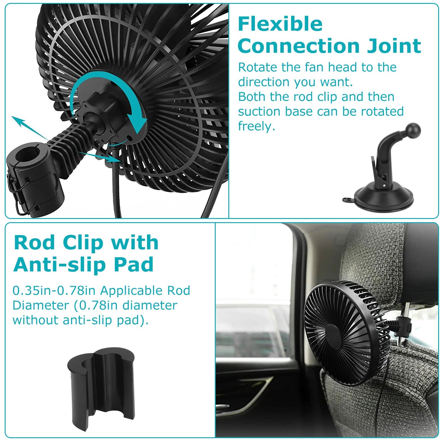 1Pc Car Cooling Fan Portable Rotatable USB Vehicle Fan Backseat Clip Fan Dashboard Window Suction Fan For SUV RV Pickup With 3 Speeds - 5 - CJ
