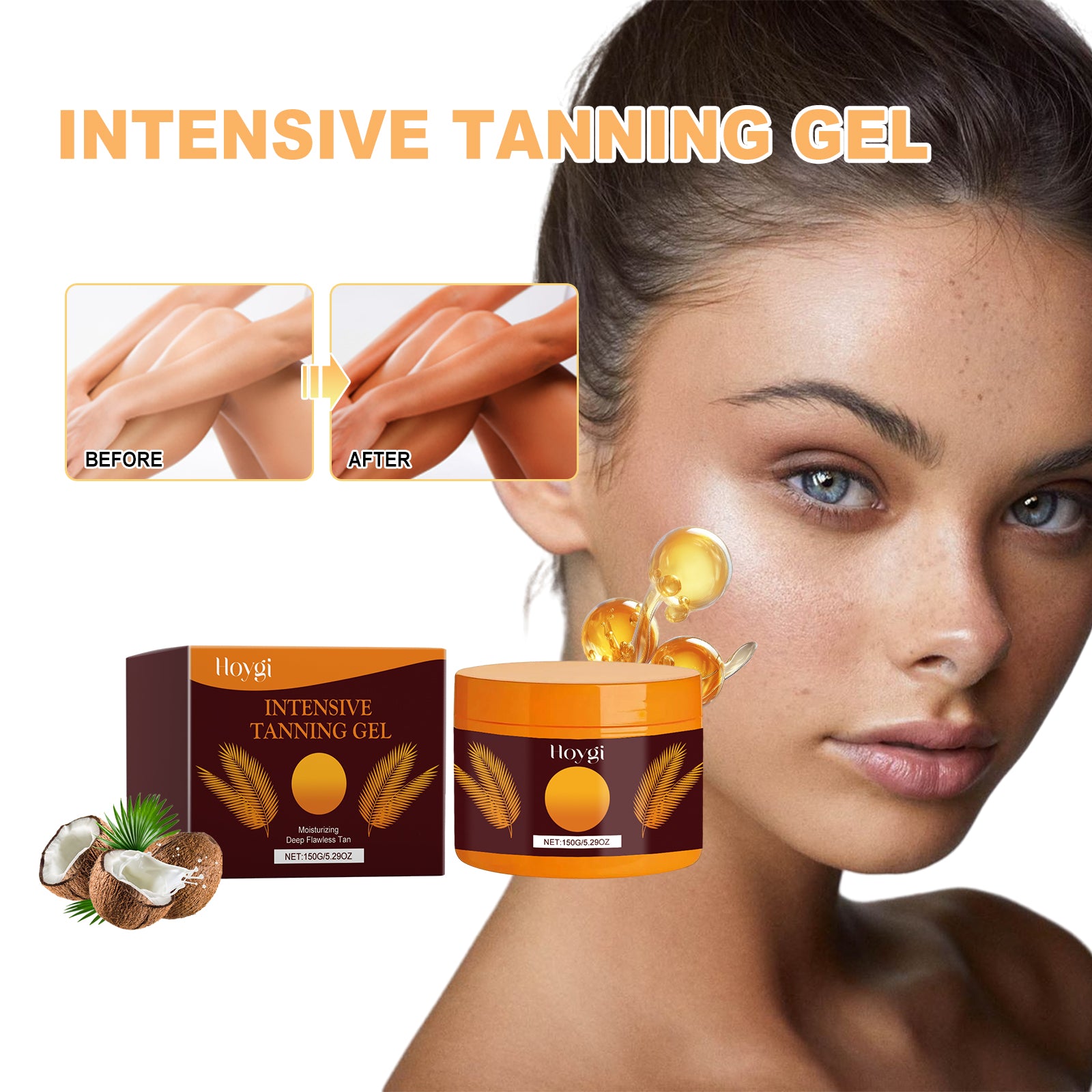Hoygi Intensive Tanning Gel, Summertime Seaside Beach Sunbath To Help Tanning Wheat Color Body Moisturizer Gel