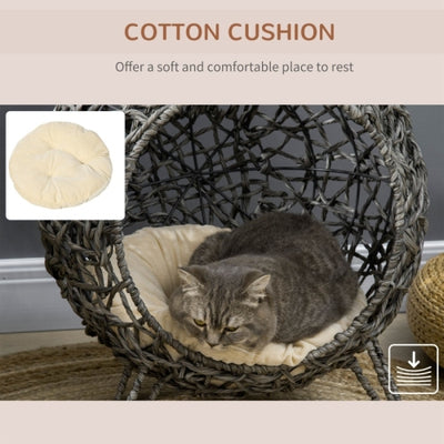 PawHut Rattan Elevated Cat Bed House Kitten Basket Ball Shaped Pet Furniture W Removable Cushion - Silver - Tone And Grey - 5 - cjdroshippping