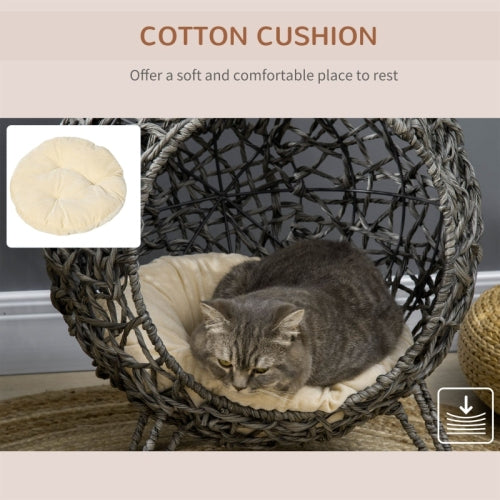 PawHut Rattan Elevated Cat Bed House Kitten Basket Ball Shaped Pet Furniture W Removable Cushion - Silver - Tone And Grey - 5 - cjdroshippping