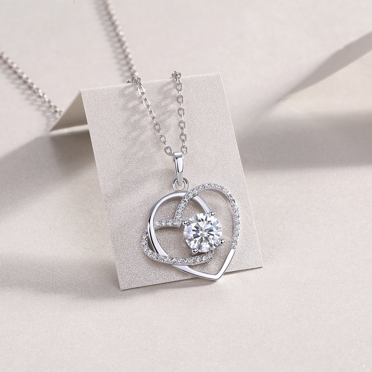 Heart To Heart Interlocking Luxury Fashion Diamond Pendant Necklace Set With Mosan Diamond Silver Ornaments