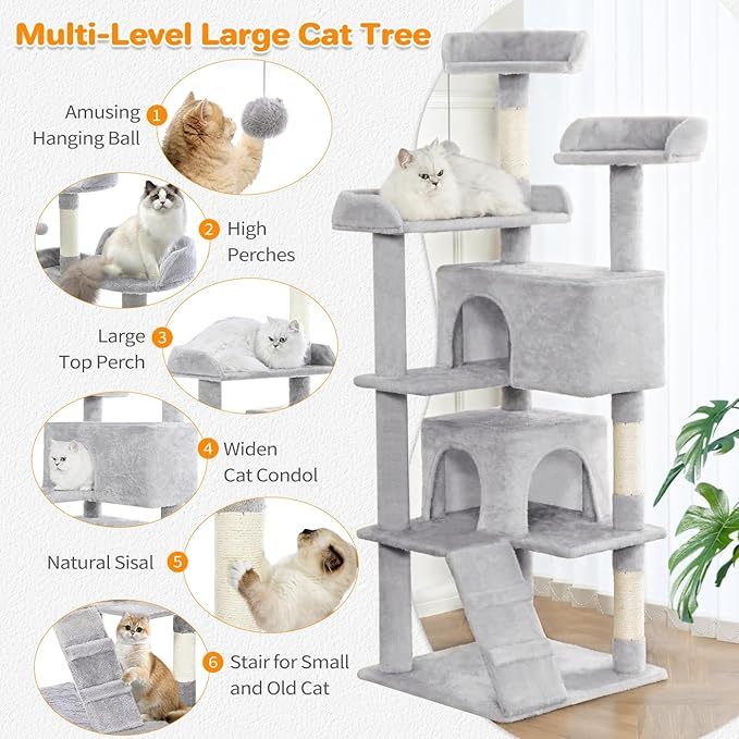 Made4Pets 56 - inch Pet Cat Tree For Indoor Cats Multi - Level Cat Tree With 2 Apartments Cat Activity Center With Scratching Posts And Toys Light Gray - 5 - CJ