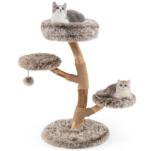 Multi - level Natural Pear Wood Cat Tree, Sisal Scratching Posts, Plush Balls, Long Plush Fabric - 5 - cjdroshippping