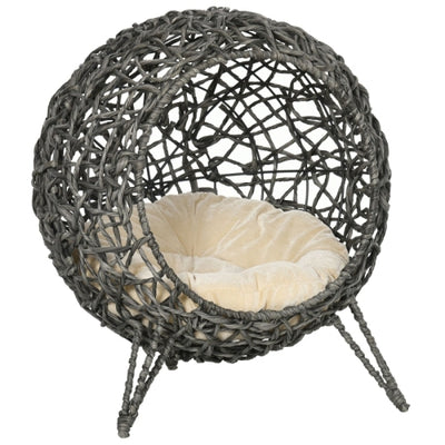 PawHut Rattan Elevated Cat Bed House Kitten Basket Ball Shaped Pet Furniture W Removable Cushion - Silver - Tone And Grey - 5 - cjdroshippping