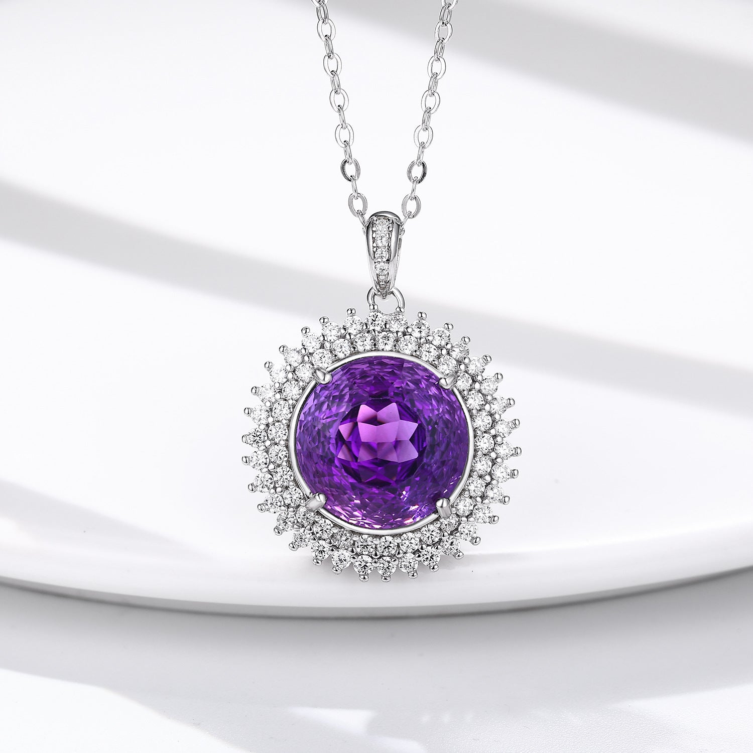 S925 Silver Set Round Bird's Nest Cut Natural Amethyst Necklace - 4 - CJ