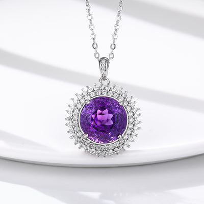 S925 Silver Set Round Bird's Nest Cut Natural Amethyst Necklace - 4 - CJ