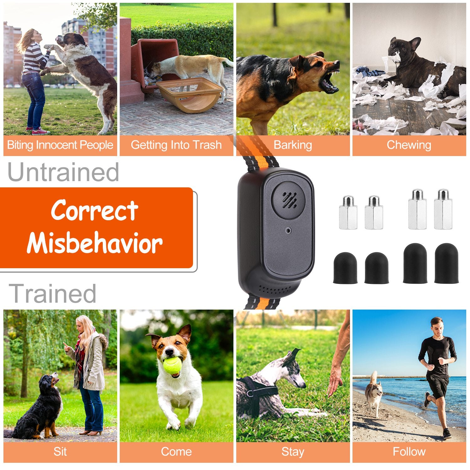 1Pc 984FT Dog Training Collar IP65 Waterproof Pet Beep Vibration Electric Shock Collar 3 Channels Rechargeable Transmitter Receiver Trainer With Recording Safety Keypad Lock - 5 - CJ