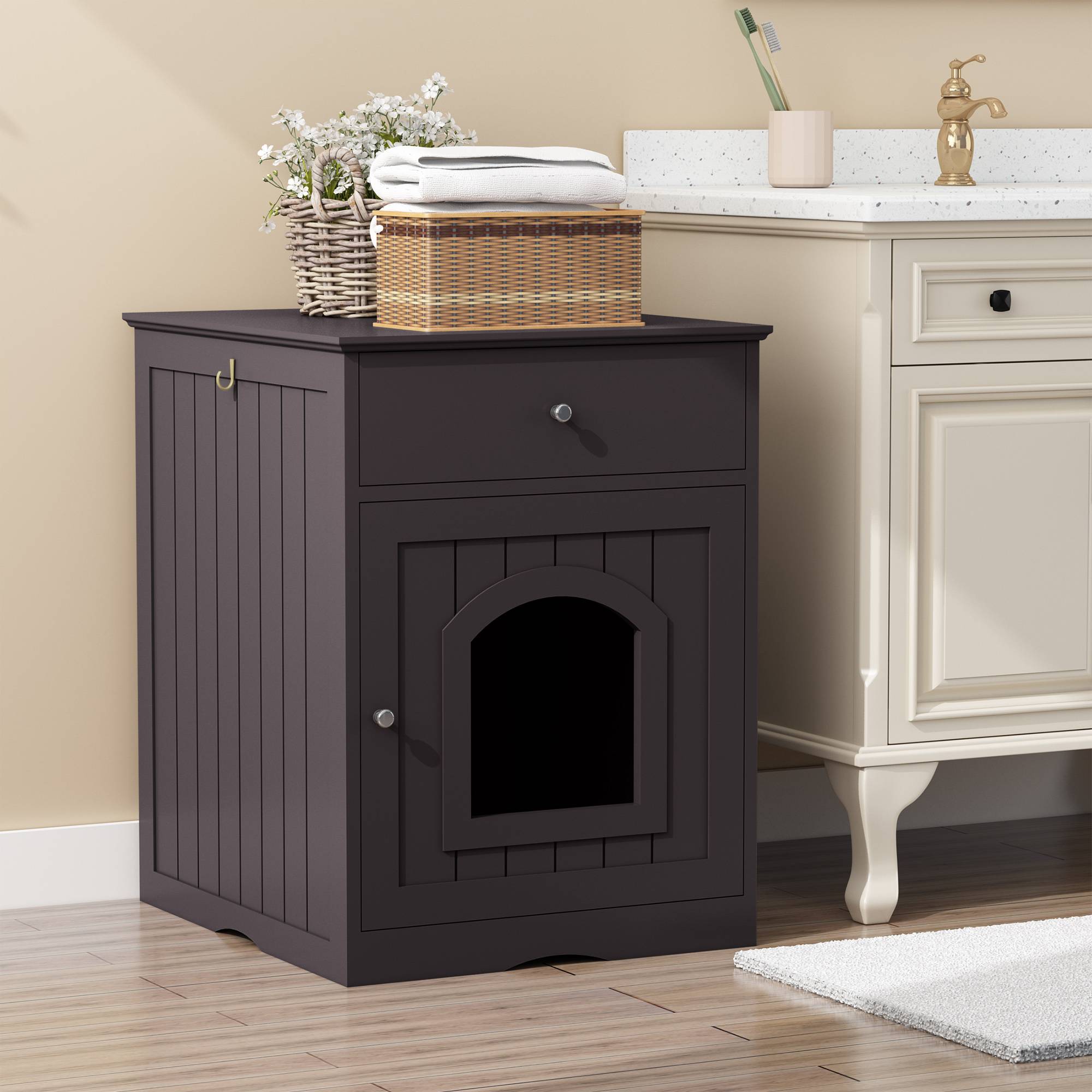 Wooden Pet House Cat Litter Box Enclosure With Drawer, Side Table Indoor Pet Crate - 5 - CJ