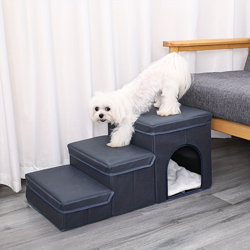 Foldable Dog Stairs With Storage - 3-Level Small To Medium Dog Breed Ramp, Oxford Fabric, Suitable For High Beds And Sofas, Pet Ladder, Dog Stairs