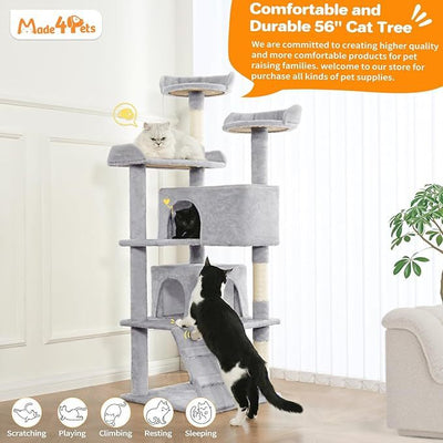 Made4Pets 56 - inch Pet Cat Tree For Indoor Cats Multi - Level Cat Tree With 2 Apartments Cat Activity Center With Scratching Posts And Toys Light Gray - 5 - CJ