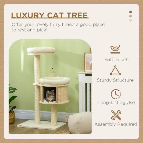 PawHut 3 Level Cat Tree With Sisal Scratching Posts  Cat Badminton Toy For Playing  Soft Cushions  Play Areas - 5 - CJ