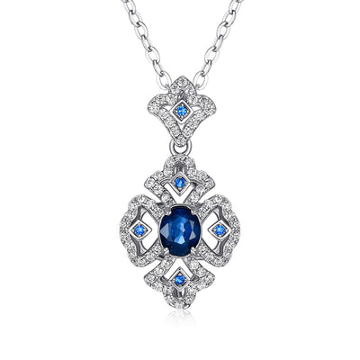 S925 Silver Retro Pattern Necklace Women's Versatile Natural Sapphire Pendant - 4 - CJ