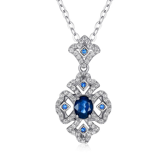 S925 Silver Retro Pattern Necklace Women's Versatile Natural Sapphire Pendant - 4 - CJ