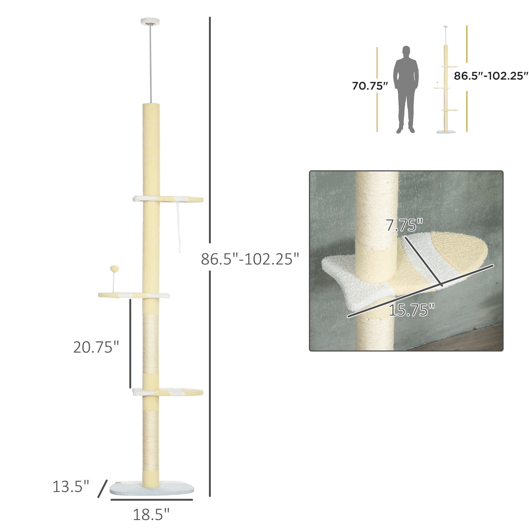 4 - Tier Floor to Ceiling Cat Tree Height Adjustable 87 - 103 Inch - 5 - CJ