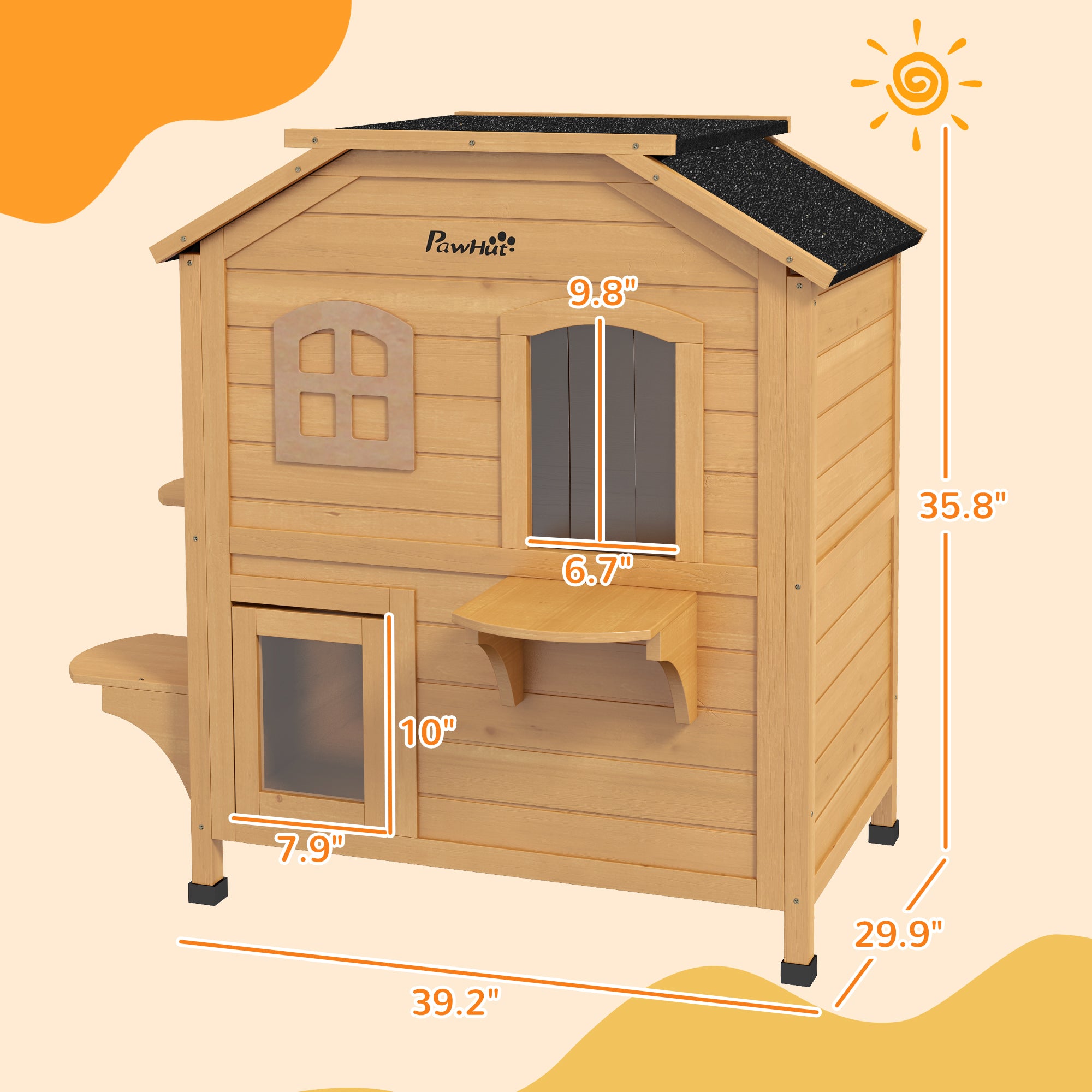 2 - story Cat House Outdoor, Weatherproof Wooden Cat Enclosure for Feral Cats with Escape Door, Openable Roof, Jumping Platforms, Natural - 5 - CJ