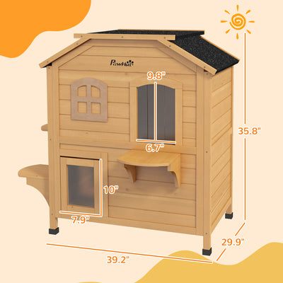 2 - story Cat House Outdoor, Weatherproof Wooden Cat Enclosure for Feral Cats with Escape Door, Openable Roof, Jumping Platforms, Natural - 5 - CJ