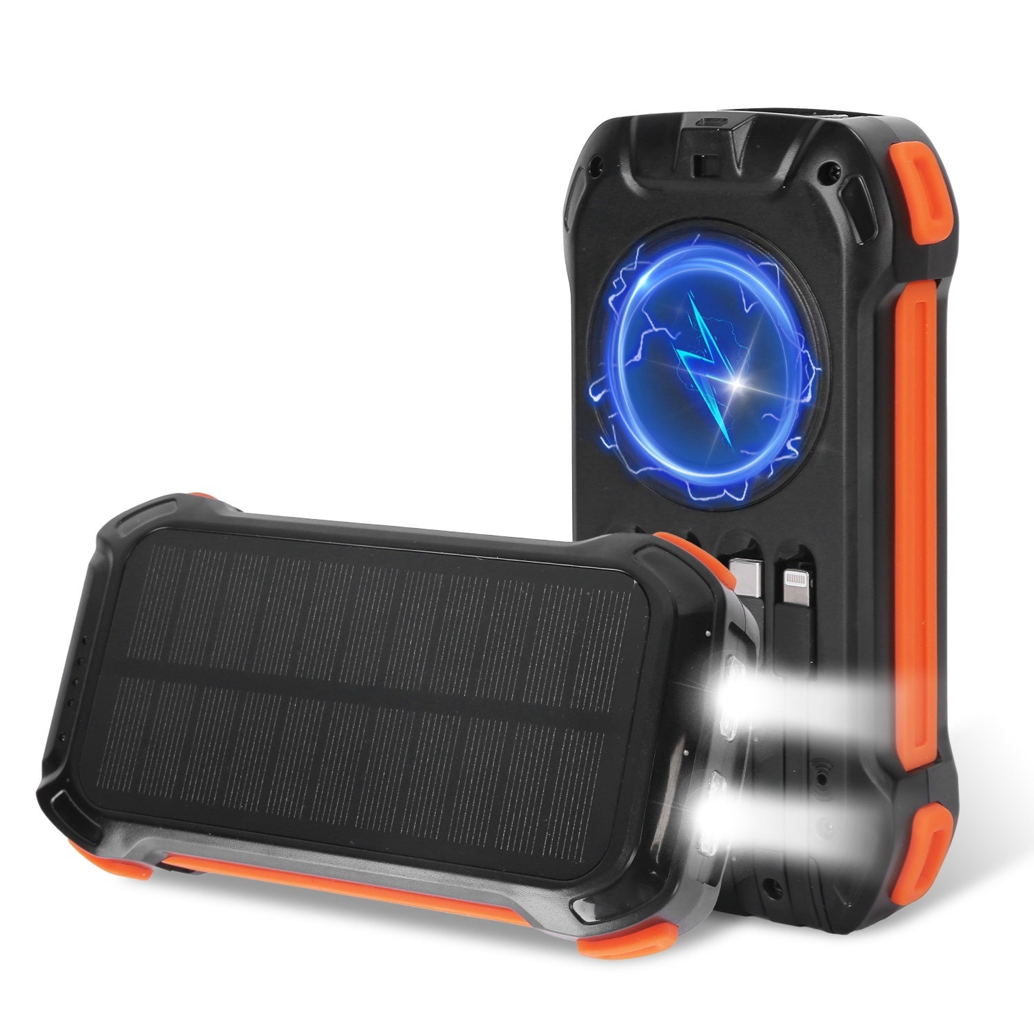 1Pc Portable Solar Charger 49800mAh Power Bank External Battery Pack 22.5W PD Fast Charging Built In 4 Cables 15W Wireless Charging LED Flashlight For Camping Hiking Picnic Travel