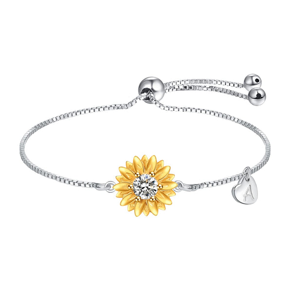 Sunflower Bracelets with Initial A Sterling Silver Sunflower Gifts for Women Girls Sunflower Jewelry - 5 - CJ