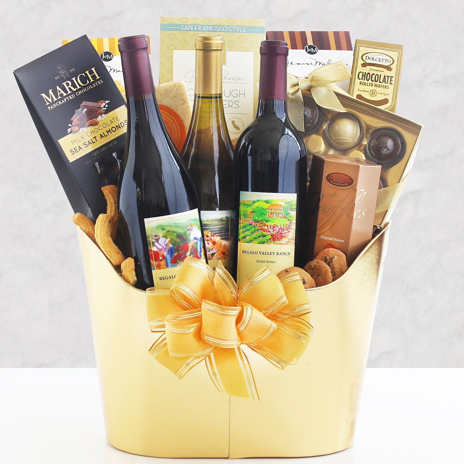 Golden Vineyard Trio: Red & White Wine Gift Basket - GreatArrivals