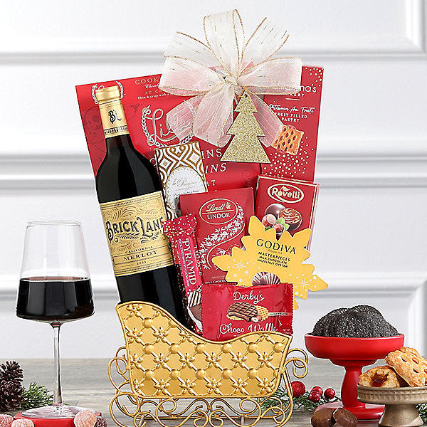 Brick Lane Merlot: Holiday Wine Sleigh Basket - GreatArrivals