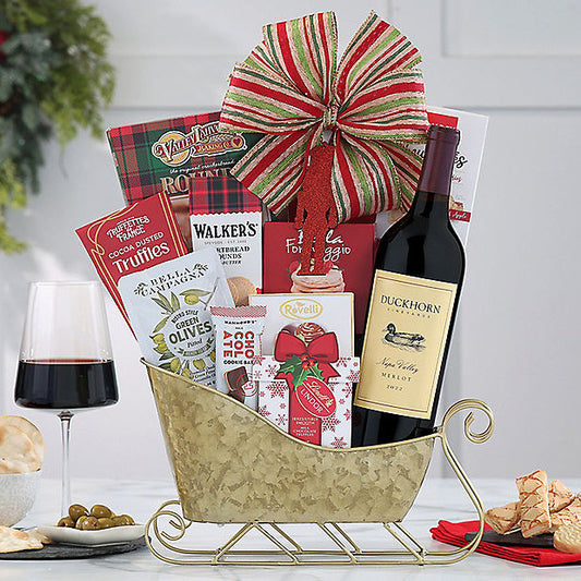 Duckhorn Merlot: Holiday Wine Sleigh Basket - GreatArrivals