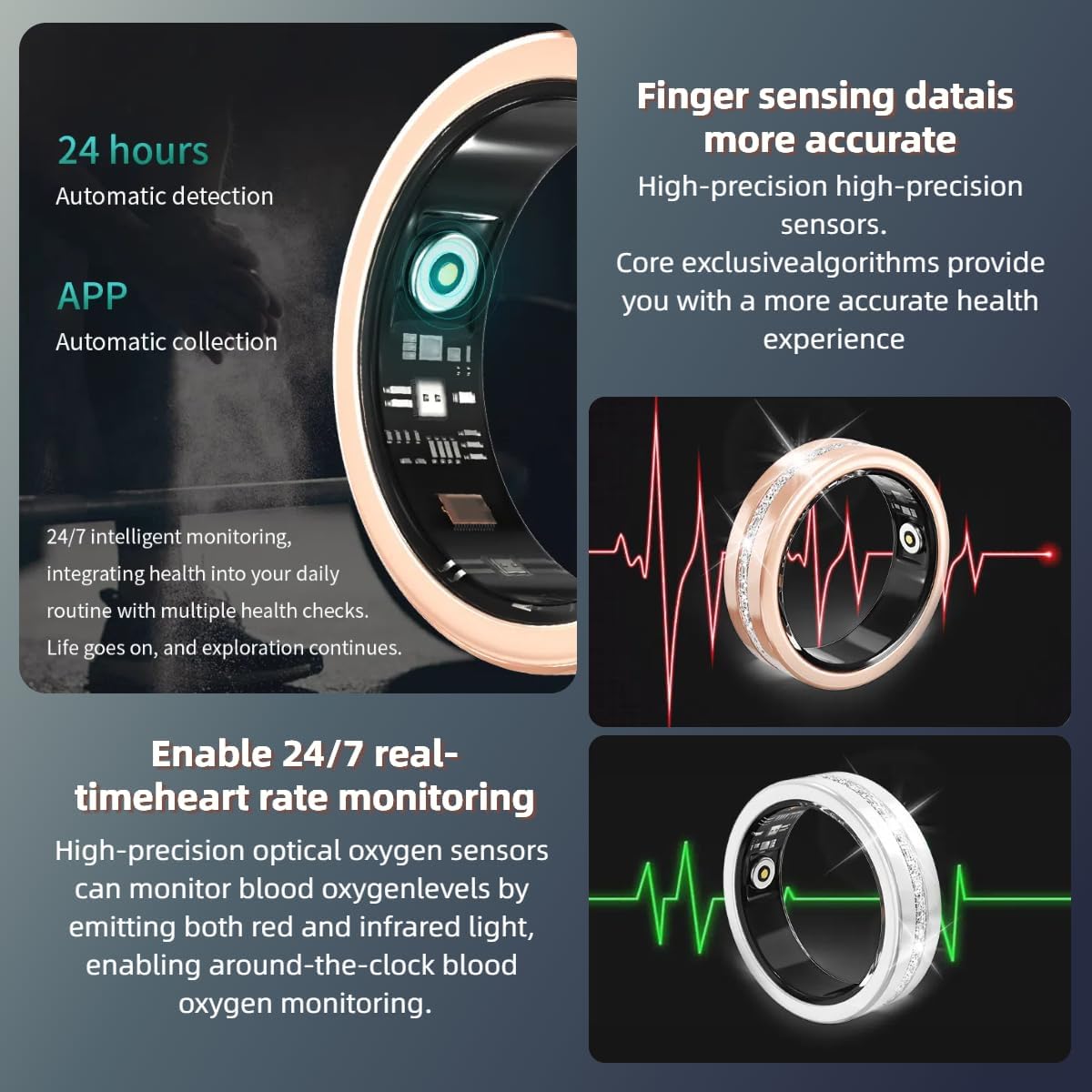 Smart Ring For Women, Health & Fitness Tracker With Heart Rate, Blood Oxygen, Sleep Monitoring, Elegant Rose Gold Design With Crystal Accents, IP68 Waterproof, Gesture Control - 5 - CJ