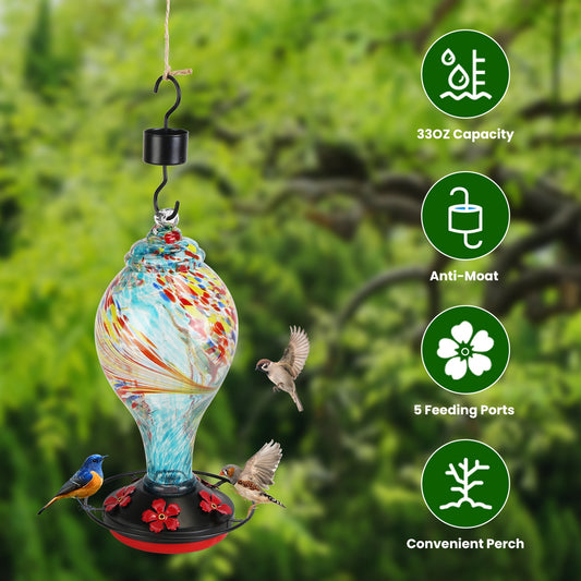 1Pc Glass Hummingbird Feeder 33OZ Hand Blown Hummingbird Feeder With 5 Flower Feeding Port Perch Ant Moat Hanging Hook S Hook Hemp Rope Cleaning Brush For Garden Decor - 5 - CJ