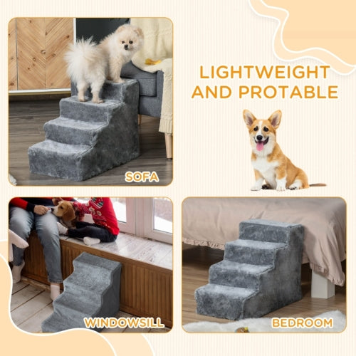 PawHut Four - Step Dog Stairs, With Washable Plush Cover, For High Bed Sofa, Dog Stairs For Small Dog And Cat - Light Grey - 5 - CJ