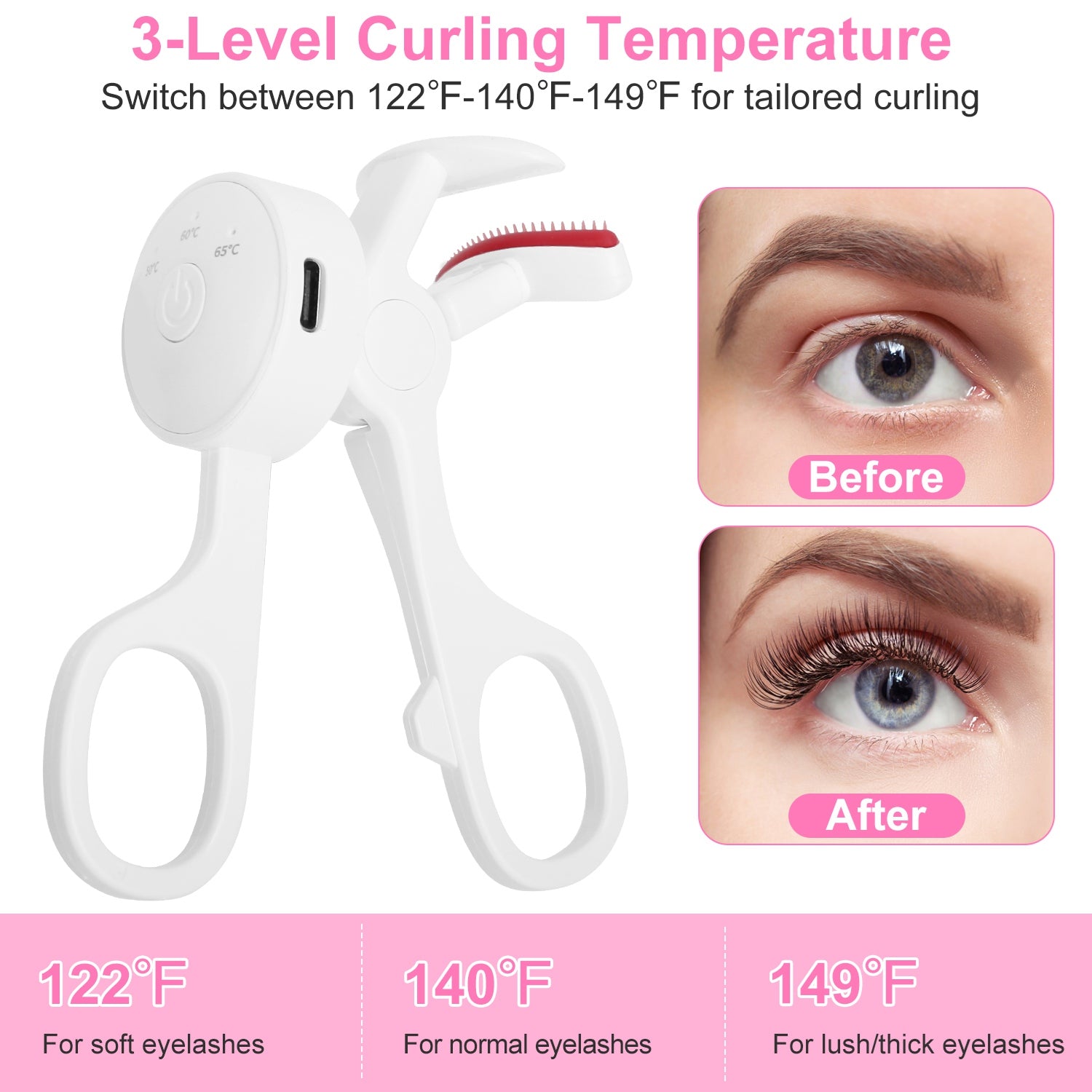 2Pcs Heated Eyelash Curler Electric USB Rechargeable Eyelash Curler Anti Burn Compact With Comb Heat Up Fast Within 8S For All Eye Shapes For Women Make Up Gift Travel Valentine Mother Day - 5 - CJ