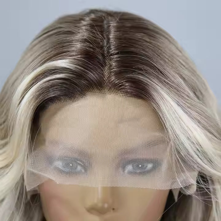 European And American Fashion T - shaped Lace Gold Gradient Wavy Curly Hair Wigs Shipped From Warehouse - 5 - CJ