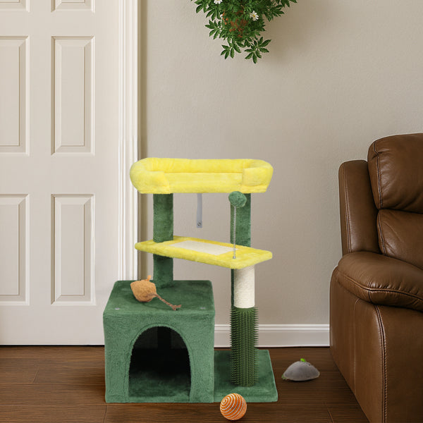 27.5in Cat Tree, Multi - level Cat Tower With Cat Scratching Post And Pad, Cozy Cat Condo, Padded Top Bed For Kittens And Indoor Cats, Yellow & Green - 5 - CJ
