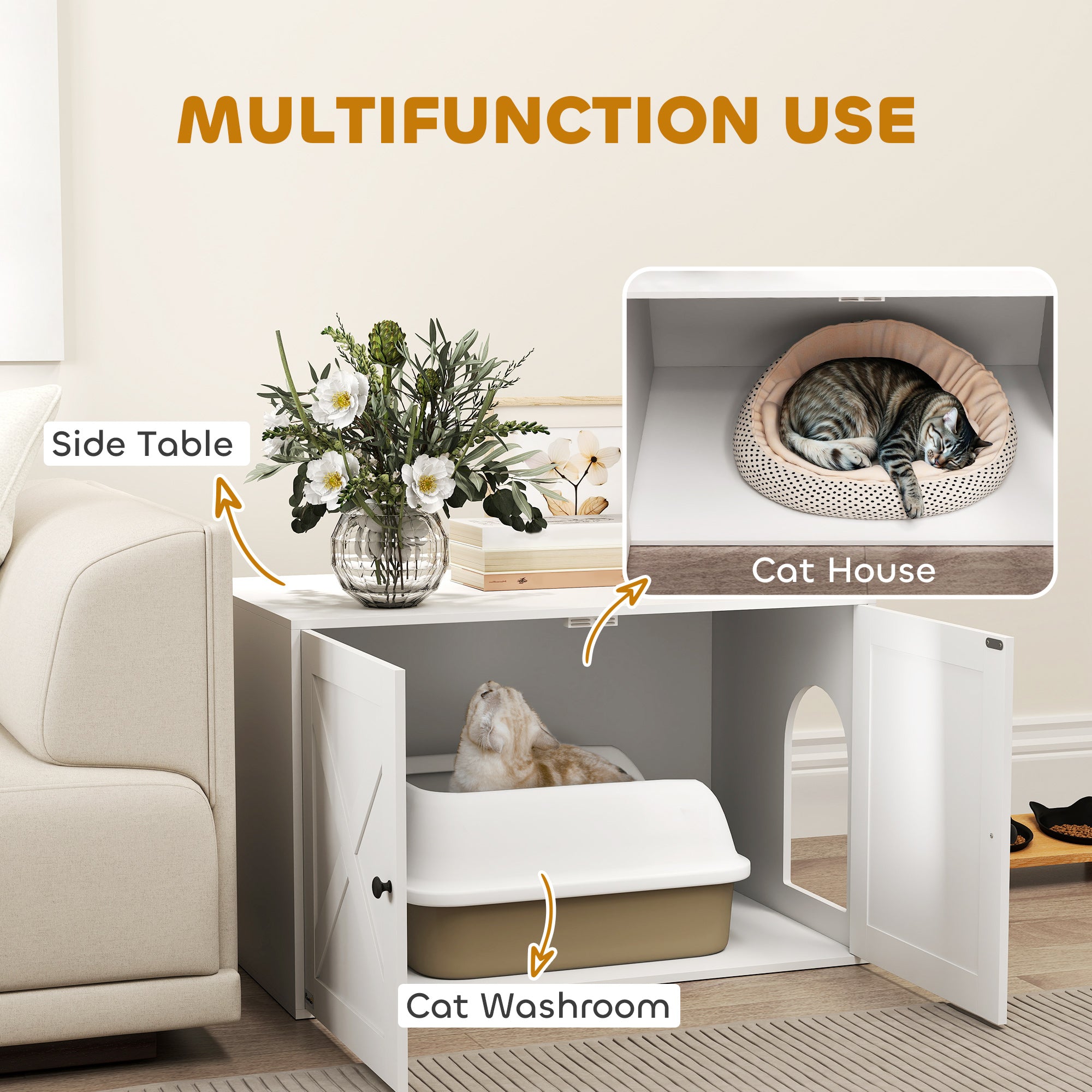 Cat Litter Box Enclosure with Barn Door, Cat Hole, 31.5" x 21" x 20", White - 5 - CJ