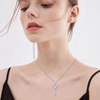 Sterling Silver Key Blue Moonstone and AAA Cz Round Key Pendant Necklace