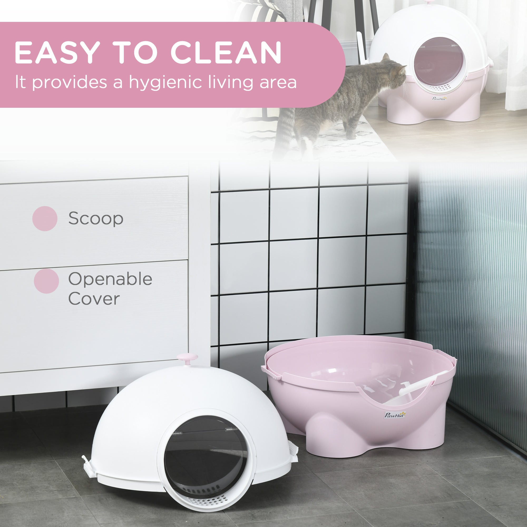 Hooded Cat Litter Box, Large Kitty Litter Pan with Lid, Scoop, Leaking Sand Pedal, Top Handle, Light Pink - 5 - CJ
