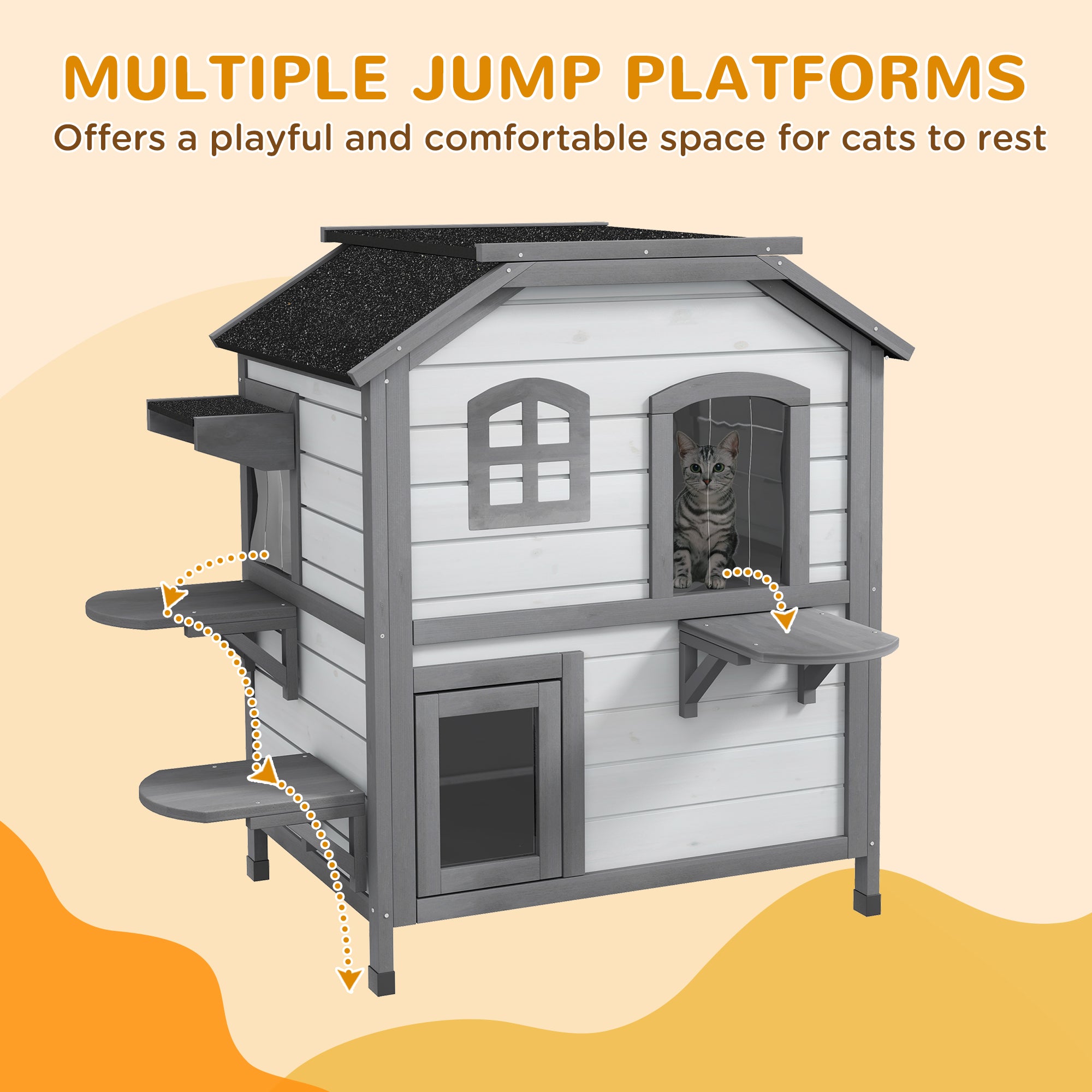 2 - story Cat House Outdoor, Weatherproof Wooden Cat Enclosure for Feral Cats with Escape Door, Openable Roof, Jumping Platforms, White - 5 - CJ