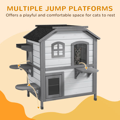2 - story Cat House Outdoor, Weatherproof Wooden Cat Enclosure for Feral Cats with Escape Door, Openable Roof, Jumping Platforms, White - 5 - CJ
