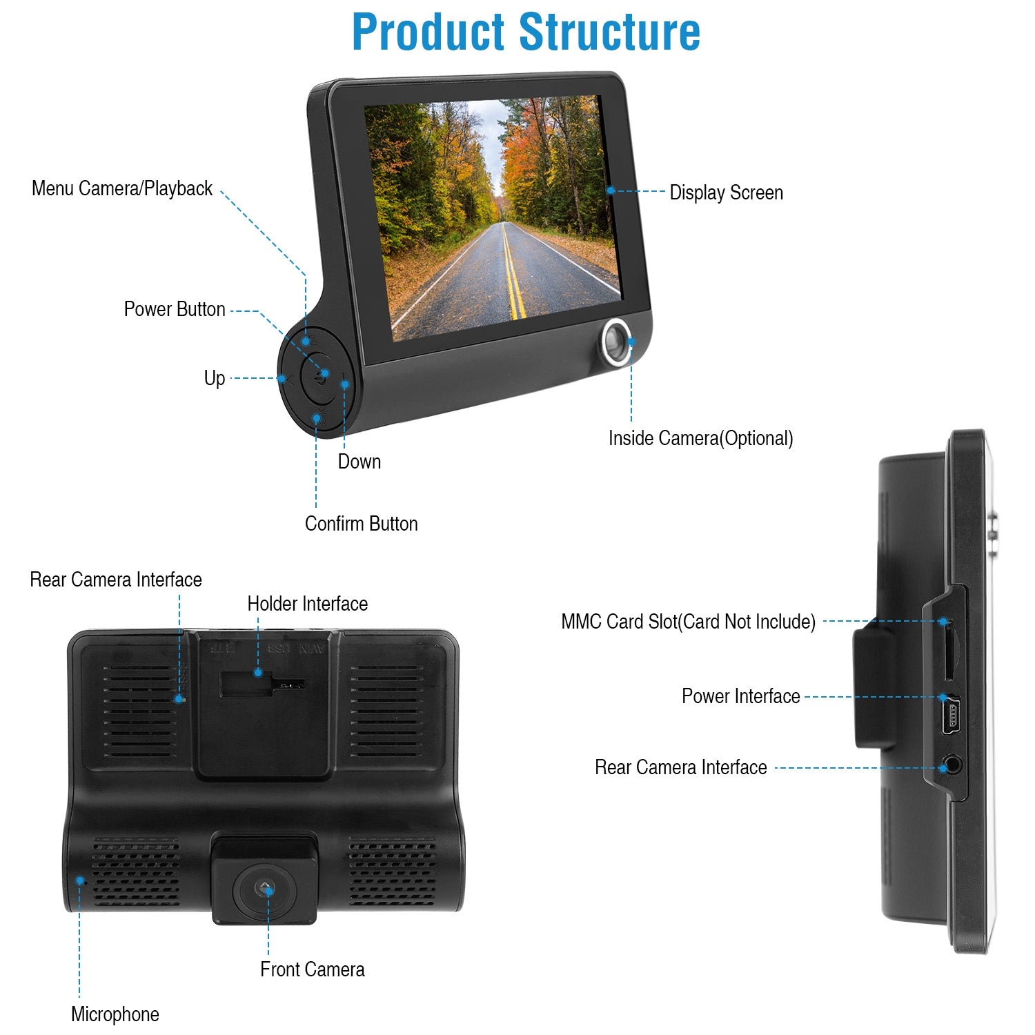 1296P Car DVR Dash Camera 4In 3 Lens Vehicle Driving Recorder Seamless Recording - 5 - cjdropshipping