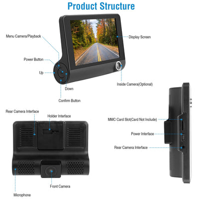 1296P Car DVR Dash Camera 4In 3 Lens Vehicle Driving Recorder Seamless Recording - 5 - cjdropshipping