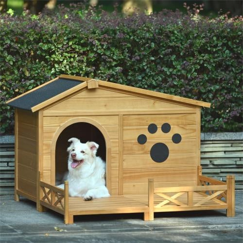 48 Wooden Dog House Outdoor With Porch, Dog Kennel With Water - Resistant Asphalt Roof And Fencing,Indoor & Outdoor Dog Crate With Paw Print, Medium, Nature - 5 - CJ