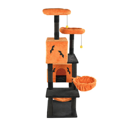 Halloween Cat Tree, Large Cat Tower With 2 Spacious Cat Condos, 2 Padded Perches, 2 Hammocks, Scratching Posts, Hanging Toy, Multi - Level Cat Activities Furniture For Large Cats, Orange & Black - 5 - CJ