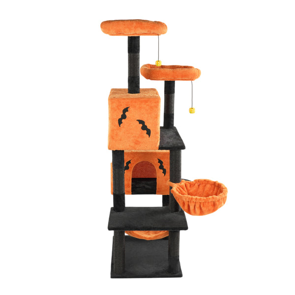 Halloween Cat Tree, Large Cat Tower With 2 Spacious Cat Condos, 2 Padded Perches, 2 Hammocks, Scratching Posts, Hanging Toy, Multi - Level Cat Activities Furniture For Large Cats, Orange & Black - 5 - CJ